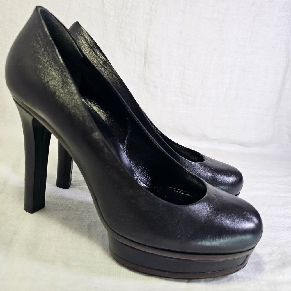 Vintage Gucci 4.5” Block Heel Stacked Platform Pump IT38.5 Black Brown - Picture 3 of 15